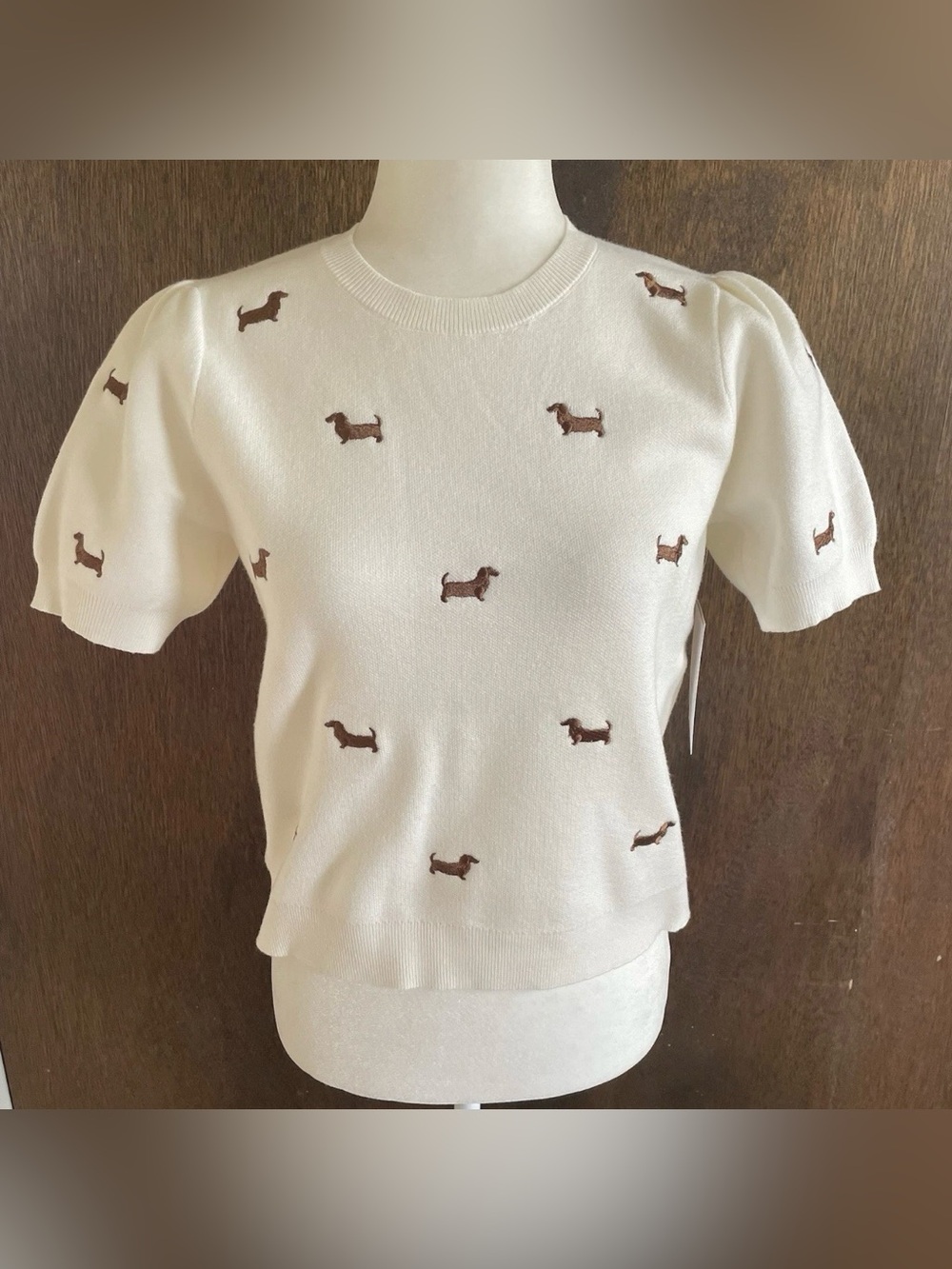 Cream Crewneck Sweater with Dachshund Embroidery